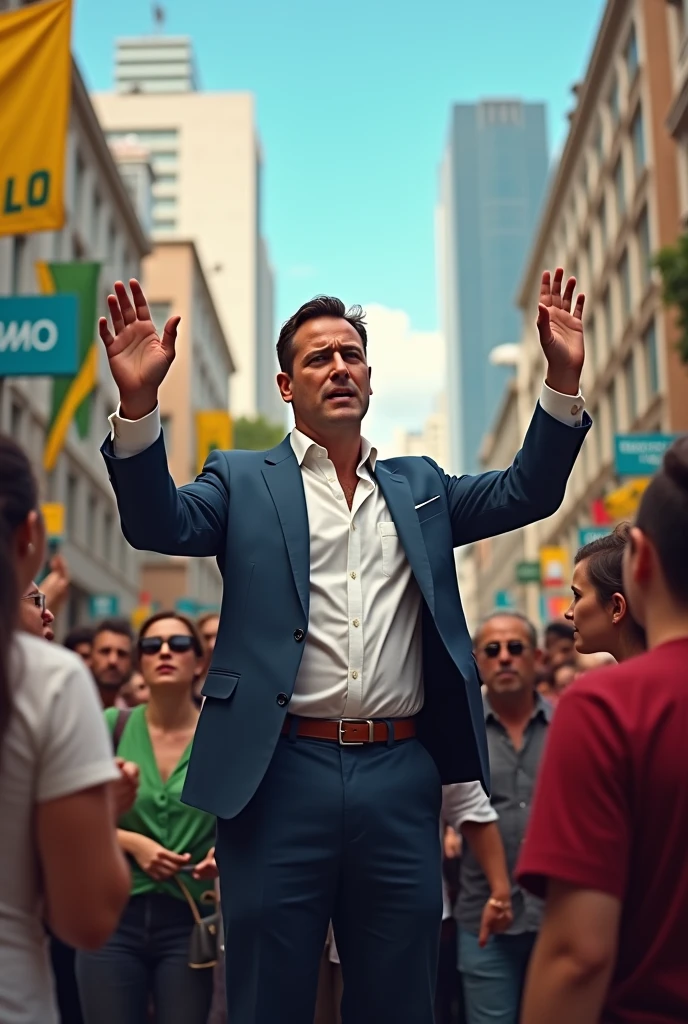 arafed man in a suit and tie holding a microphone in front of a crowd, crowd cheers him, waving and smiling, in front of a large crowd, crowd hails him, sebastian kruger, waving, huge crowd, massive crowd, meme, big smirk, waving arms, large crowd, waving at the camera, hands raised, hands in the air