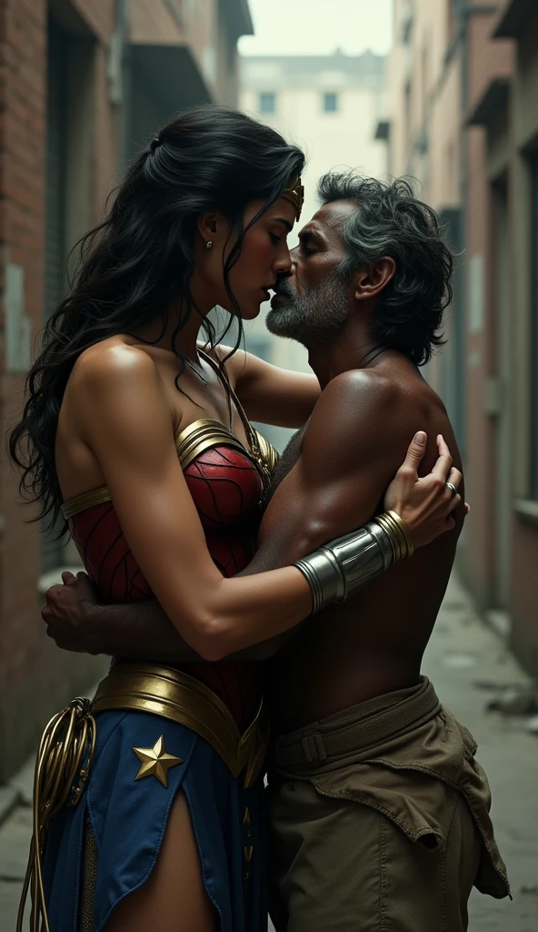 Wonder Woman Kissing A Shirtless Man On The Lips But Wearing Pants And Shorter Than Her