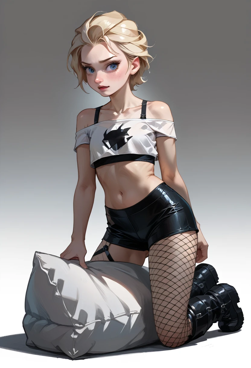 ((full body photo, standing, feet on the ground))  Elsa, tight black latex bike shorts, loose off the shoulders red crop top, visible bra straps, 2, young adult, rebelious, thick black leather boots, very long blonde twintails, fishnet pantyhose, kneeling, humping her pillow