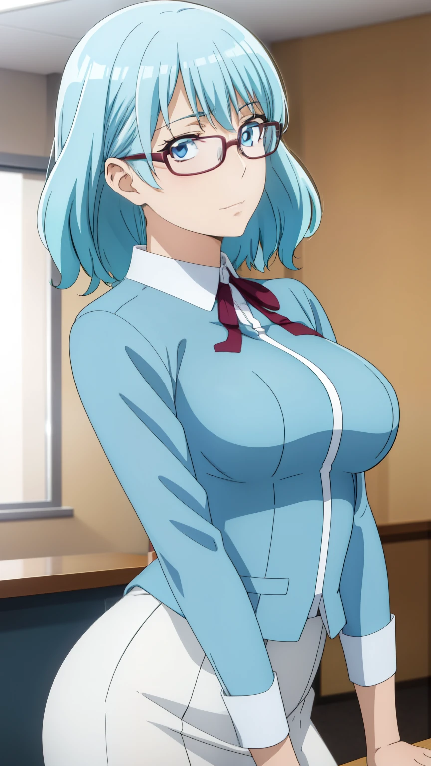 (Top quality, masterpiece, 8k), (Realistic skin texture), anime coloring, Very detailed, very detailed, beautiful eyes, perfect eyes, detailed eyes, feature large highlight, detailed face, ultra-detailed, detailed eyes, symmetrical eyes, (Dynamic angle), Sharp details, Lyria, Girl, college age, standard height, Light blue hair, Medium hair, Blue eyes, Large breasts, (Secretary outfit, glasses, white shirt, tight skirt, office room), (cowboy shot:1.2),