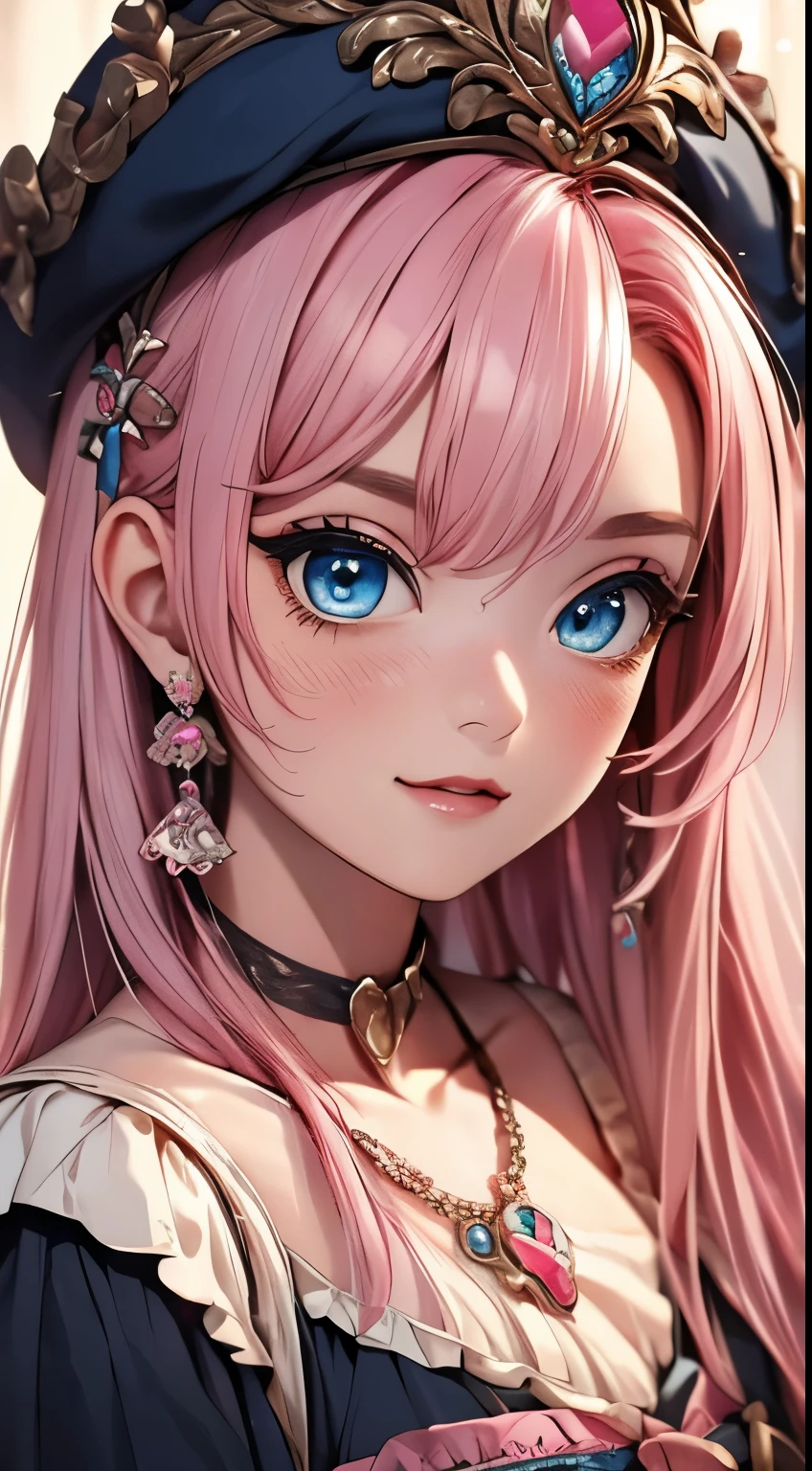 (Antique Style, Girly: 1.2, Pink Hair: 1.1, blue eyes: 1.1, Big eyes)
