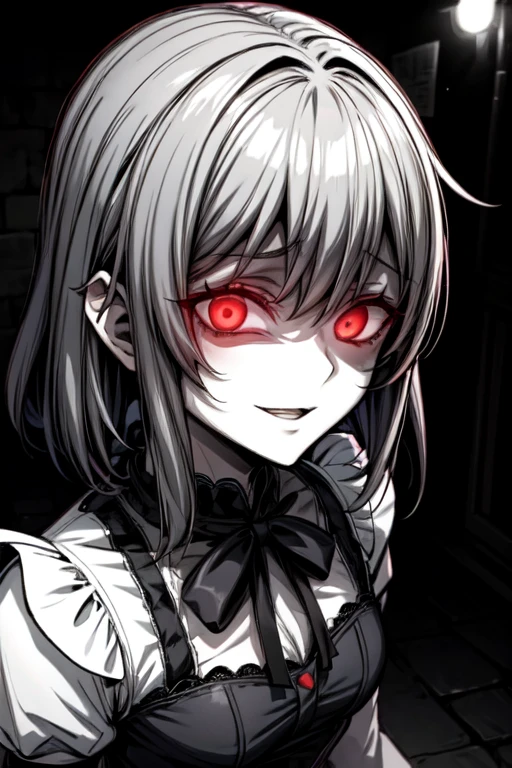 {Yandere maid}, short colorful hair, cute maid outfit, petite and small animal-like, {obsessive love}, wide eyes filled with madness, soft but unsettling smile, heart racing, completely fixated on {her favorite customer}, feeling that he belongs to her, {he will be mine}, {no one else understands him like I do}, watching his every move, hidden in the shadows, dark streets, intense psychological tension, glowing eyes of obsession, dramatic lighting, feeling fulfilled by knowing everything about him, anime style, close-up of her face with a crazed expression, blurred background
