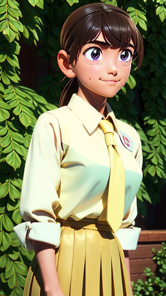 1girl, solo, long brown hair, beautiful detailed eyes, beautiful detailed lips, extremely detailed eyes and face, longeyelashes, breasts, looking at viewer, slight blush, gentle smile, bangs, pleated skirt, collared white shirt, long sleeves, brown eyes, closed mouth, school uniform, standing, yellow eyes, white shirt, blue pleated skirt, outdoors, necktie, sky, kneehighs, white socks, red necktie, shirt tucked in, east asian architecture, best quality, 4k, 8k, highres, masterpiece, ultra-detailed, realistic, photorealistic, photo-realistic, HDR, UHD, studio lighting, ultra-fine painting, sharp focus, physically-based rendering, extreme detail description, professional, vivid colors, bokeh, portraits