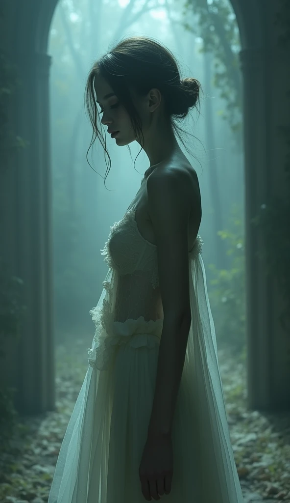 A beautiful korean girl, 20 years old, kpop style, light brown long wavy hair, sexy slim muscular body, long legs, wide thigh gap, sexy butt, standing back view on rotten wooden stairs, wild plants growing around stairs, inside an ancient house. Ray of light from broken windows and roof. She's wearing white thin gown, clearly see her beautiful butt inside, looking over shoulder to the viewer, (from below, from below, from below:1.4), ((small breasts)), dramatic lighting, realism