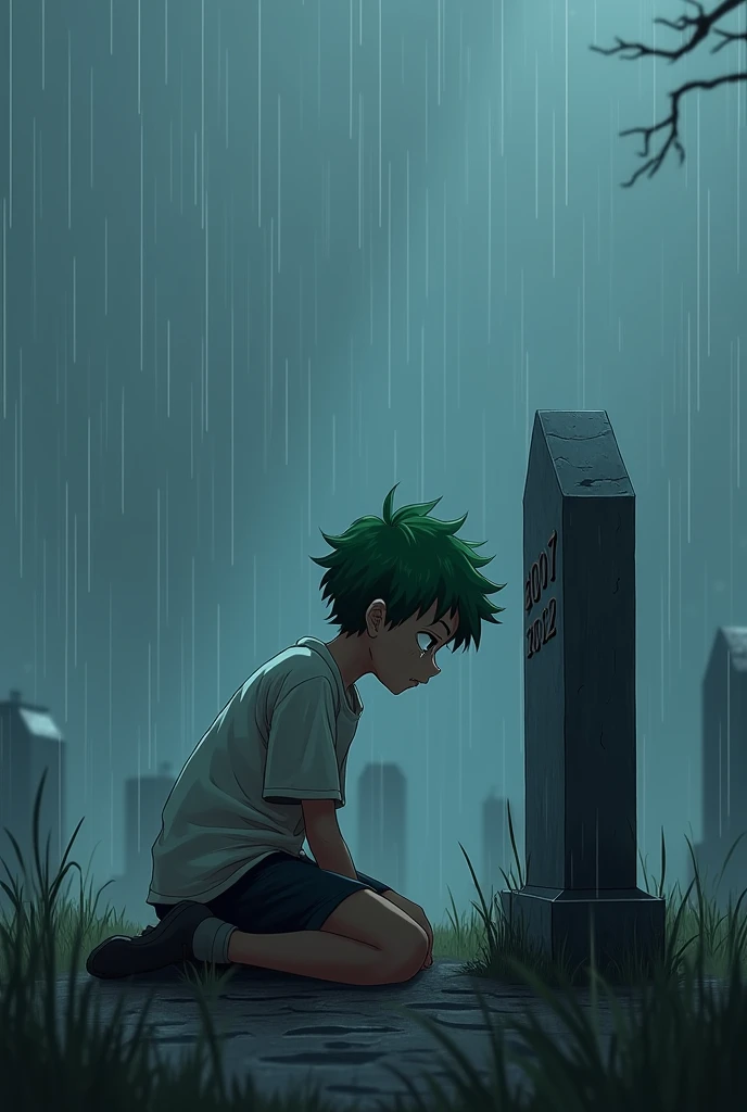 Deku crying on the edge of a building in normal clothes with lots of tears