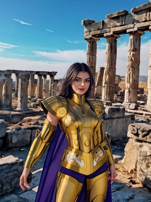 (((1girl in))) Ultra realistic ultra detailed photo of photorealistic girlofnox of beautiful girl on background of Greek ruins, Tattered Capricorn Gold Half Armor, Long Purple Hair, blue eyes, Dynamic Pose, detailed symmetrical beautiful hazel eyes, Detailed gorgeous face, 30-megapixel, 4K, Canon EOS 5D Mark IV DSLR, 85mm Lens, Sharp Focus, Intricately detailed, long exposure time, F/8, ISO 100, Shutter Speed 1/125, Diffuse backlight, award - winning photo, Facing Camera, Look into the camera, Monovision, perfect contrast, High Sharpness, Facial symmetry, depth of fields, ultra hi definition photo, Ray Tracing, Global Illumination, TanvirTamim, Smooth, Ultra high definition, 8k, unreal enginee 5, Ultra Sharp Focus, award - winning photo, Trending on ArtStation, shur4c4pr1c0rn