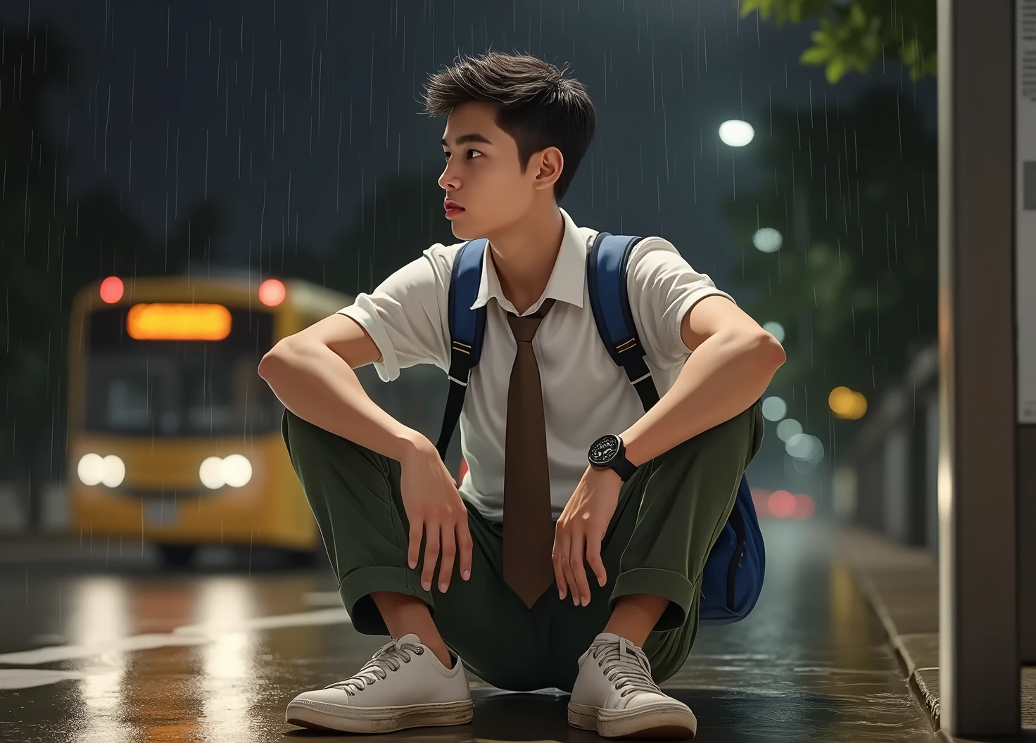 A high school boy in a Chinese blue and white school uniform sits smoking a cigarette in a flower bed by the sidewalk,Next to the boy stood a fat classmate。Smokers are a little more handsome