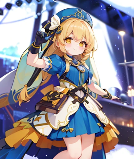 A golden-haired female angel with hazel eyes and an hourglass figure, wearing a conservative pirate's outfit is smiling on a dock of a pirate city
