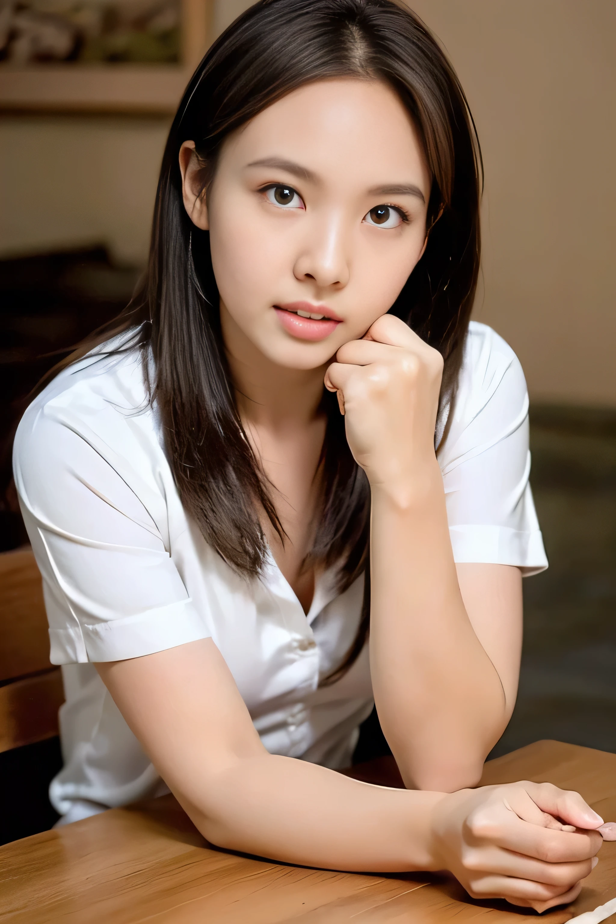 no, (Masterpiece, best quality), 8k ultra hd, full shot, high resolution, photo realistic, raw photos, ((((no)))), (((Shoot from directly below the front.))), 20 years old, Beautiful Thai university girl, Highly detailed facial and skin textures, Fine eyes, body slender and beautiful Medium bust, noมีชุดชั้นใน, Node, alone, Showing small breasts, tits, public hair, female public hair trimmer, Look down, ((Thai University Uniform)), ((University outfit)), White short sleeve shirt, skirtพับสีดำ, skirtดินสอสีดำ, belt, skirt, Medium bust, long brown hair, Beautiful, multi-colored, light brown hair., Look at the audience, shy blush, (Lying on the table with her legs spread apart), Cuteness, Sexy, Destroy the drama, True Shadows, complicated, (perfect body:1.1), (realistic:1.3), (True Shadow:1.2), Anatomically correct hand, Perfect physiology, perfect limbs, ideal arm, ideal hand.
