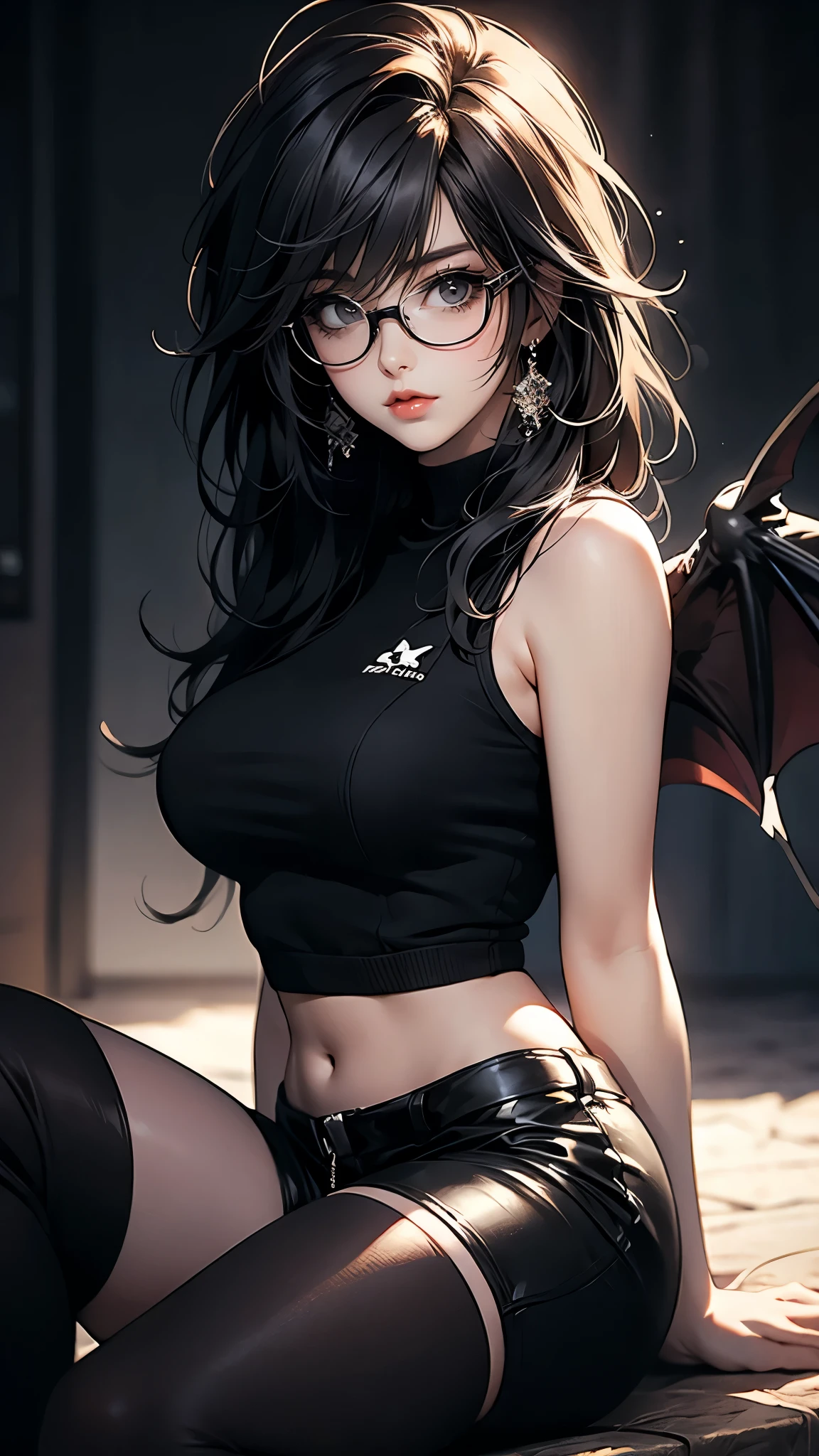 Fine、(The best illustrations)、8k UHD resolution、intricate-detail、top-quality、realisitic、ultra-detailliert、The best lighting、Best Shadows、Soft lighting、Ulutra HD、Ultra-realistic、Tindall Effect、Photorealsitic、(High Detail Skins:1.2)、 (Intricate details, makeup, pureerosface_v1:0.5), (Detailed beautiful delicate face, Detailed beautiful delicate eyes, A perfectly proportioned face, High detailed skin, Detailed skin, best ratio four finger and one thumb, arms below breasts, Tattoo with a red glow under the stomach、Awesome awesome, wide hips, smooth midriff, skiny and thin, __Fashion__, __hair__:1.25)、Digital SLR、 absurderes、(masutepiece: 1.3), (max resolution: 1.2), (Ultra HDTV: 1.2), cinematric light, Detailed eyes and skin, detailed facial features, , (Sharp Focus: 1.2), (Focus on Face:1.2),Perfect Style, Beautiful face, acurate, Anatomically correct, Highly detailed face and skin texture, Detailed eyes, Double eyelids, Thin eyebrows, Glitter Eyeliner: 1 Natural cheeks, Glossy skin, Fair skin: 1.2, (Glossy lips: 1.4),(Shy look: 1.2),Highly detailed facial and skin texture, Detailed eyes, Double eyelids, Natural cheeks, shiny lips: 1.4,Exposed cleavage、Bewitching。a baby face、Seductive、dark brown hair。Evil Nun、Torn monastic clothing、corsets、fishnet tights、Chest is emphasized、((((Huge glasses, Otaku Glasses, thick glasses, Round glasses)))),(((Colossal tits)))、The long-haired、Braids、Black hair、Ponytail distortion、, Ponytail with a bow tied at the back of the hair, Beautiful expression、Body Up、Large breasts emphasis、Bust, Super tight breasts, Breast augmentation surgery, The breasts are very big and round and round,Toned waist、Wide buttocks、intricate tattoos, demonic intricate tattoos, thigh tattoos, body tattoos, Red sparkling gemstone necklace、Jewelry Gwise, wearing black mesh socks,Wear light red、nffsw, nffsw, Meet beautiful girls, Look at the girl's body, Bat Wings,(((Demon Horns)))、(Devil's Tail)、In the Dark、(Detailed spooky backgrounds:0.8),holding a snake whip in hand、