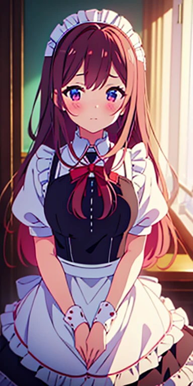 The best quality, masterpiece, High resolution, Alone, {maid:1.40}, {long maid dress:1.15}, {haruka_takayama_Sakurat Trick:1.15}, blush, brown_Hair, long_Hair, Love, Hair_Love, tie, purple_eyes, red_Hair