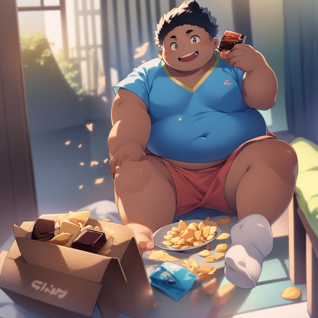 Fat boy sitting on the bed and eating chocolate and some chips and his mouth and clothes are full of crumbs，obese，beautiful，t-shirt，Bermuda，White socks, gloton, shy, tight clothes, navel in sight, student