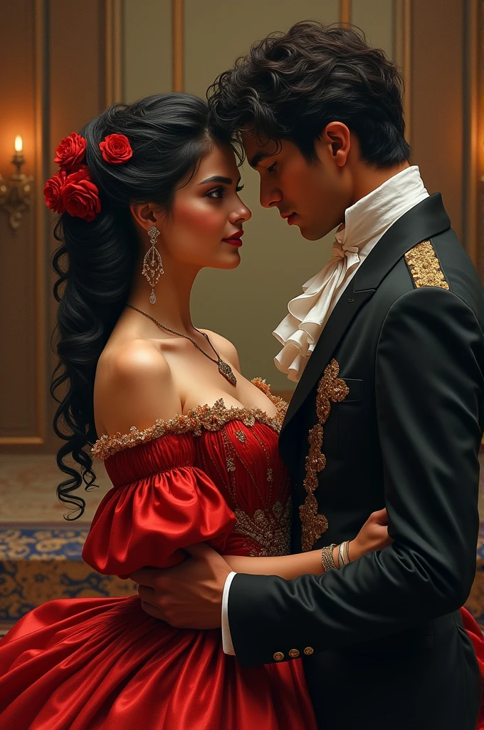 A cover for a romance novel called "visceral" It's about a kind of Enemys to lovers between two teenagers, a prince with black curly hair, white skin and green eyes, and a princess with wavy brown hair, white skin and violet eyes. Their clothes must be red or black and the Targaryen symbol. author: Solesxt