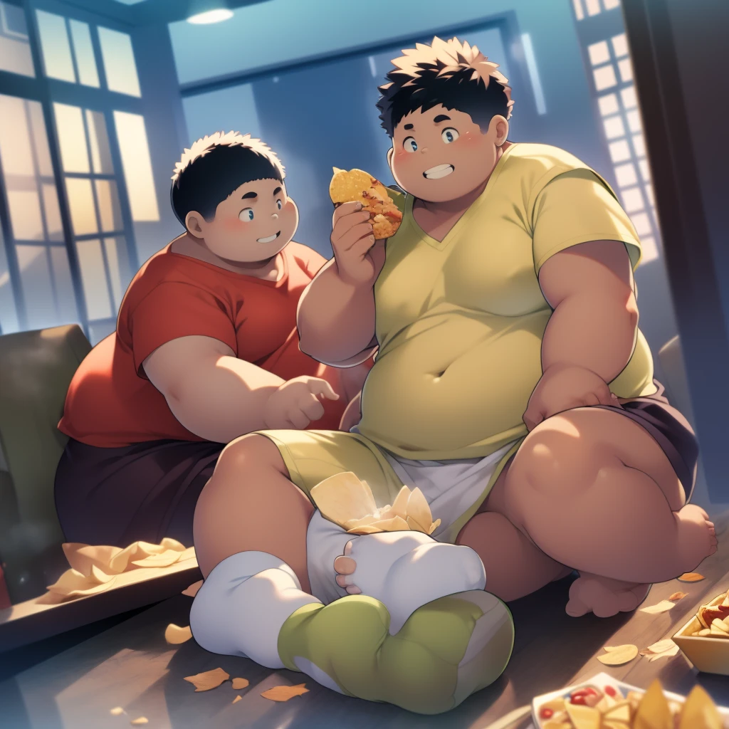 2 Fat boys sitting on the bed and eating chocolate and some chips and their mouth and clothes are full of crumbs，obese，beautiful，t-shirt，Bermuda，White socks, gloton, shy, tight clothes, navel in sight, students, brothers, One is  and the other 18