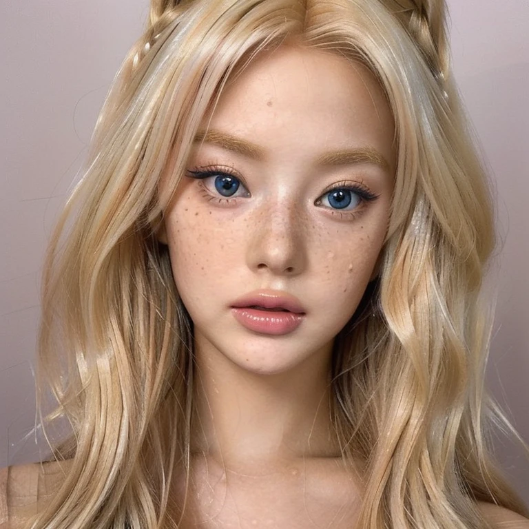 a close up of a doll with blonde hair and blue eyes, long blonde hair and large eyes, long blonde hair and big eyes, blonde hair and large eyes, portrait of barbie doll, face up, realistic beautiful big eyes, anime barbie doll, artdoll, wlop glossy skin, with gorgeous detailed eyes, face - up, skydoll noarealistic artstyle, 🤤 girl portrait, hyper realistic aesthetic, small freckles, hyper realistic teenager, barbie doll, freckles!!!, detailed face, realistic face, realistic fingers, jisoo from blackpink, popular south korean makeup, quality detailed ,(beautiful makeup :1.2), 