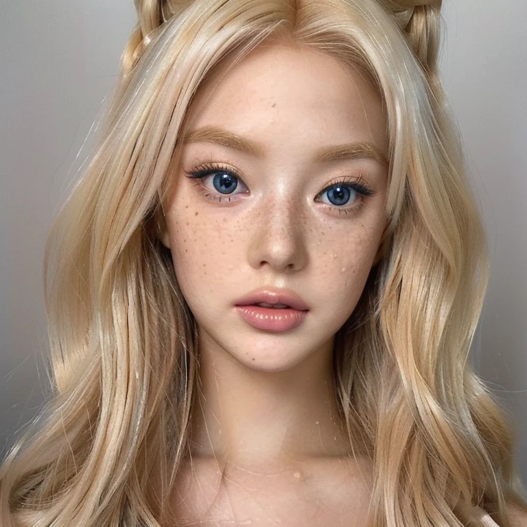 a close up of a doll with blonde hair and blue eyes, long blonde hair and large eyes, long blonde hair and big eyes, blonde hair and large eyes, portrait of barbie doll, face up, realistic beautiful big eyes, anime barbie doll, artdoll, wlop glossy skin, with gorgeous detailed eyes, face - up, skydoll noarealistic artstyle, 🤤 girl portrait, hyper realistic aesthetic, small freckles, hyper realistic teenager, barbie doll, freckles!!!, detailed face, realistic face, realistic fingers, jisoo from blackpink, popular south korean makeup, quality detailed ,(beautiful makeup :1.2), 