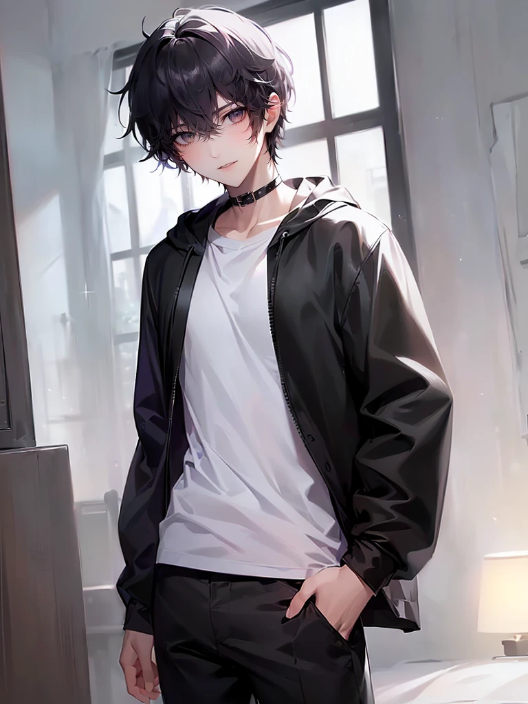 (4K works))、masterpiece、(top-quality)、((Cool gray background))、Taking Artist Photos、the cover of the album、Model photo、Korean Male、Adult male、((Adult 26 years old))、((Adult older brother))、((Face similar to Hyun Jin))、Cool Men、tall、((Troubled expression))、((Strong eyes))、((Wearing a white T-shirt and a hooded black jacket、White long trousers))、((Long sleeve long trouser style))、((smaller face))、Slim body、((hooligan))、((Black short-haired))、((Yellow eyes))、((shot from front))、((Pose with hands on the head))、((Artist Photos))、((Shot alone))、((Solo Photography))、Professional Photos、((Focus zoom in))、((Upper body photography))、((Face enhancement))