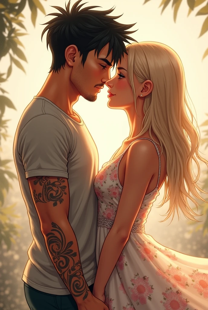 couple kissing.of a blonde girl with short wavy hair and bangs and mossy green eyes, a dark-skinned boy with dark brown eyes and shoulder-length hair and a tattoo on his neck