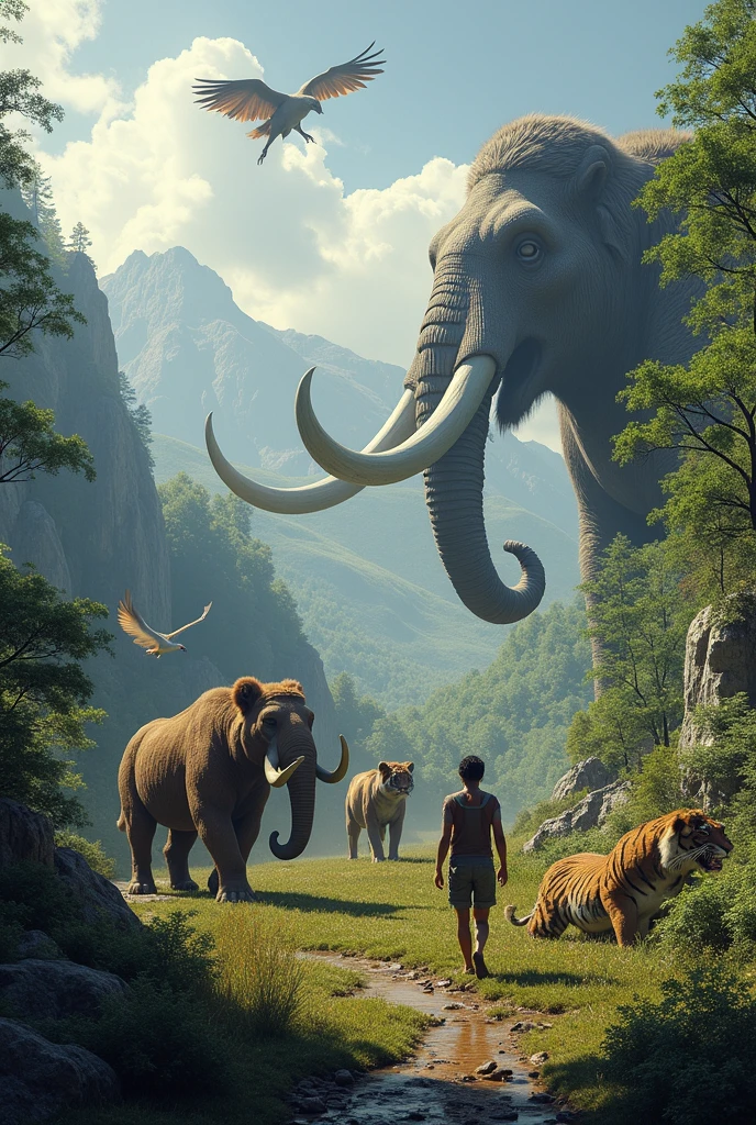 A very realistic panoramic sunlight image of Tarzan riding on the back of an elephant while holding his blonde Jane in his arms. Both are naked but wearing only a primitive short narrow loincloth of a primeval man, both dripping with water in the crashing waters of a very high waterfall half surrounded by large jungle trees in 70000000 BC, HD photography, ultra-realistic, King Tut, 4k, hyper-realistic, sharp texture, colour