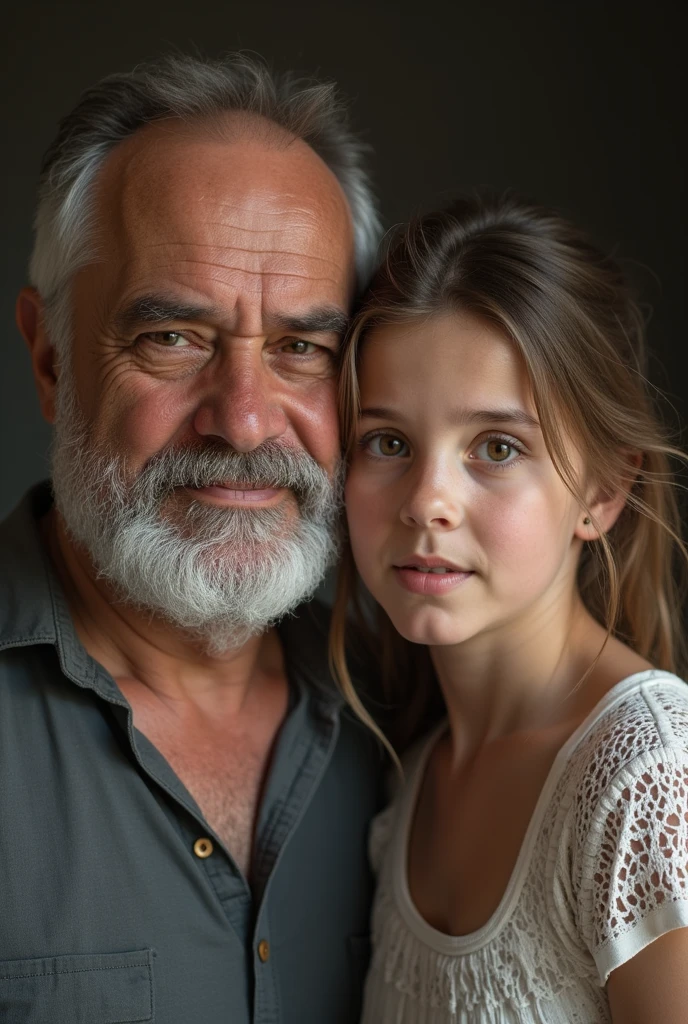 a 12-year-old Millie Bobby Brown wearing mini skirt and a burzum t-shirt cuddling an old religious black man with beard. puffy long nipples, hyper realistic, photorealistic, 8k, high quality, intricate details, dramatic shadows, glowing white skin, in love with each other, wife and husband, malicious look, inappropriate situation, high socks