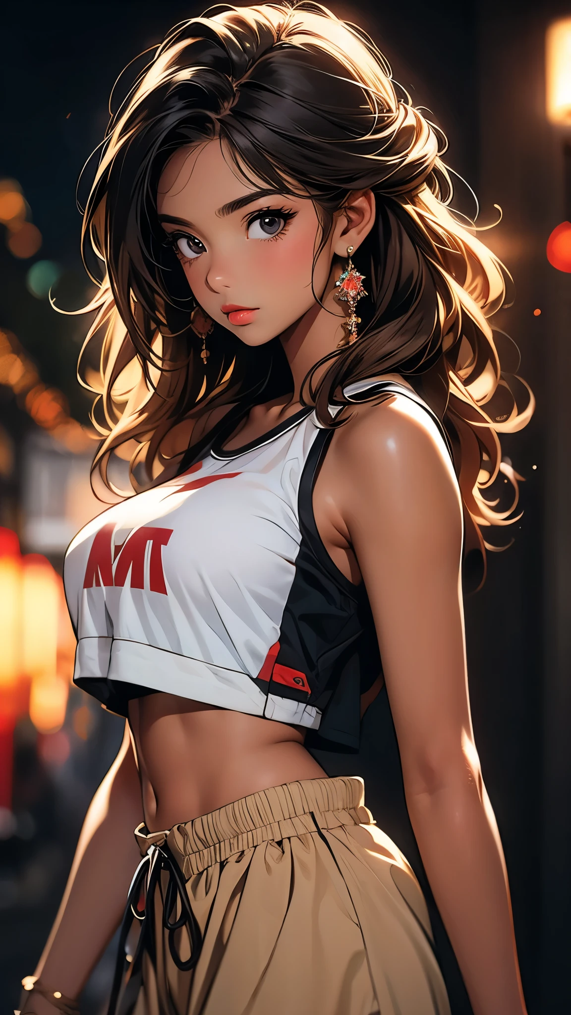 ((Masterpiece)), envision a 8k, highres, cinematic, extremely beautiful semi realistic close up portrait of a beautiful lady with a slender body, big breasts, strong face, older mature face, brown scene hair, side locks, long sweeping bangs, black eyes, thick eyebrowns, ((dark tan skin)), round face, tank top, bomber jacket, ((((1girl)))), in dark lighting, against a dark gray background