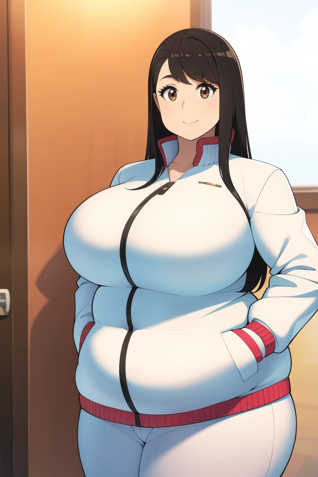 Plump girl Black hair brown eyes big breasts smime longer hair smile white jacket elegant