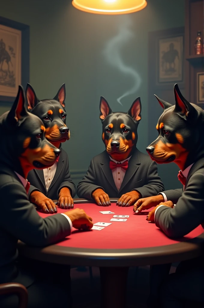 Four dogs [doberman wearing a red bow tie smoking cigar, german sheppard dog wearing dark glasses and fancy hat, Bloodhound holding  poker cards and a glass of wiskey, pomeranian with golden tooth wearing stylish jacket], playing poker in the style of a real photo. 8k, ultrarealistic, --ar 103:128 --stylize 250 --v 6