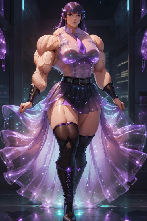 ((Close-up)), tall, (violet purple hair) beautiful muscular woman, long hair with long bangs, pale white skinned, large breast, closed smile, (black lipstick), (massive muscles), (hyper muscle), (((ginormous bulky muscles))), black eyes, (((violet Bioluminescent dress))), (Bioluminescent gloves), Bioluminescent choker, high heels, in a mystical world