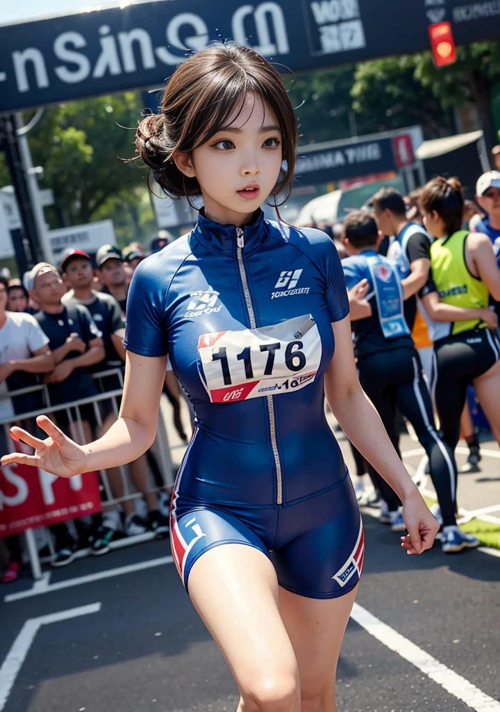 A beautiful tall, long-legged and busty race queen cosplayer standing at a race venue, seen from below