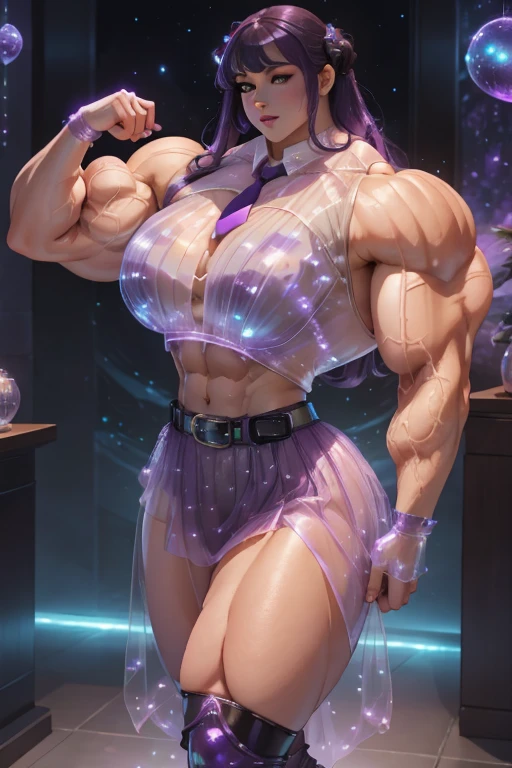 ((Close-up)), tall, (violet purple hair) beautiful muscular woman, long hair with long bangs, pale white skinned, large breast, closed smile, (black lipstick), (massive muscles), (hyper muscle), (((ginormous bulky muscles))), black eyes, (((violet Bioluminescent dress))), (Bioluminescent gloves), Bioluminescent choker, high heels, in a mystical world