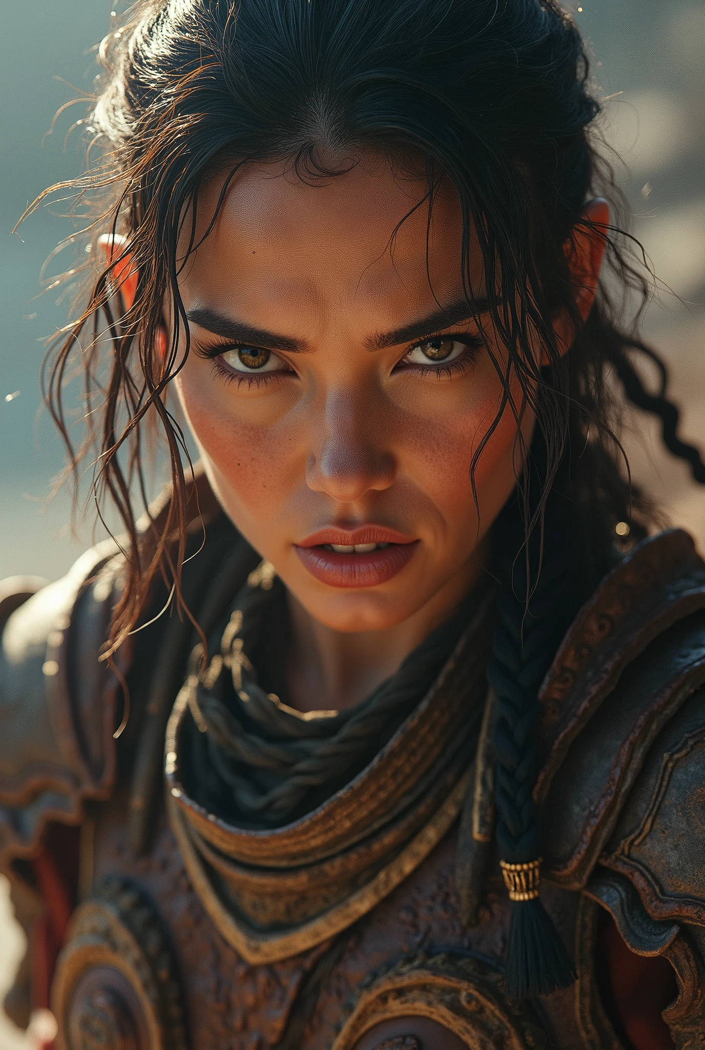 A naked ebony brown-haired woman warrior with dark black nipples, her skin is dripping with sweat and is dirty, filthy, and with large bloodstains, dressed only in an animal skin loincloth, and an energy sword attacked by a tyrannosaurus. very dramatic, cinematic shot, shot from a movie, cinema composition shot, very detailed, high resolution, professional color, wonderful light, daylight, 300k resolution, highly realistic, lots of details.