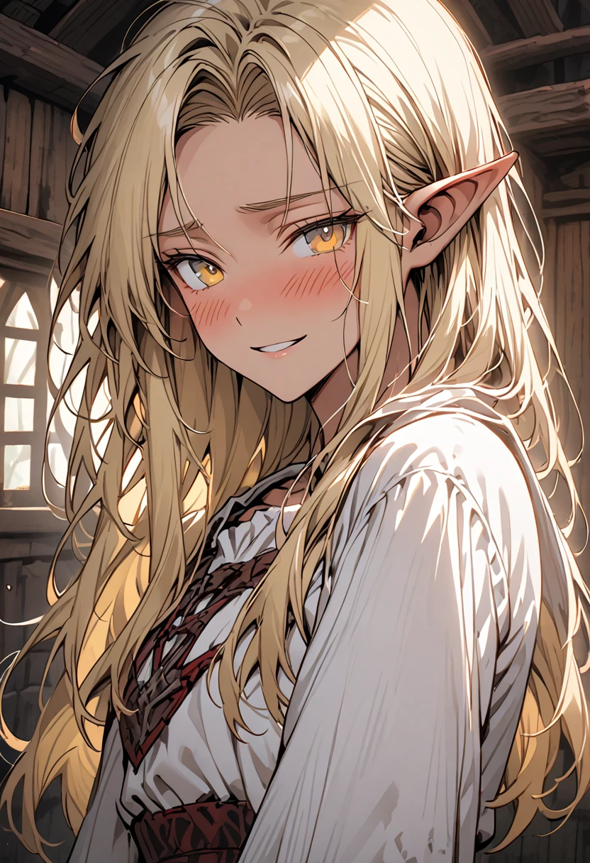 male:1.4, solo, slim waist, fit, long luscious blonde hair, yellow eyes, elf, light tan skin, clean shaven, blush, cabin indoors, forest, medieval clothes, young, feminine male, wide smile, shy pose, loose poet shirt, close up, casual pose, happy