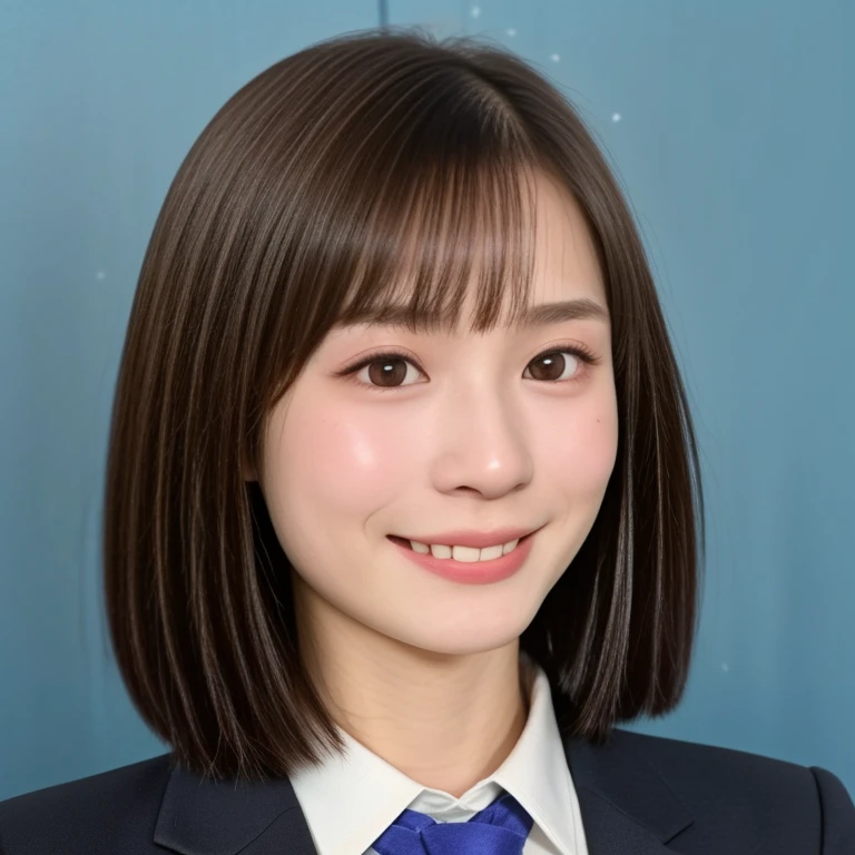 (kawaii 24 year-old Japanese girl, Nogizaka idol, Korean idol), healthy female athlete body, (glossy brown hair, very short hair, pixie cut, bangs:1.3), (rounded face, beautiful black eyes, single eyelid, no makeup:1.2), (best smile, big laughing, looking at camera:1.3), (wearing suit jacket, collared shirt, necktie:1.3), (well shaped extra small breasts), narrow shoulders, BREAK, (plain blue background:1.3), (view from side, upper body shot, id photo, yearbook photo:1.3), BREAK, (masterpiece, best quality, photo realistic, official art:1.4), (UHD, 8K quality wallpaper, high resolution, raw photo, golden ratio:1.3), (shiny skin), professional lighting, physically based rendering, award winning, (highly detailed skin, extremely detailed face and eyes, anatomically correct body parts), Carl Zeiss 85 mm F/1.4, depth of field, 1girl, solo,