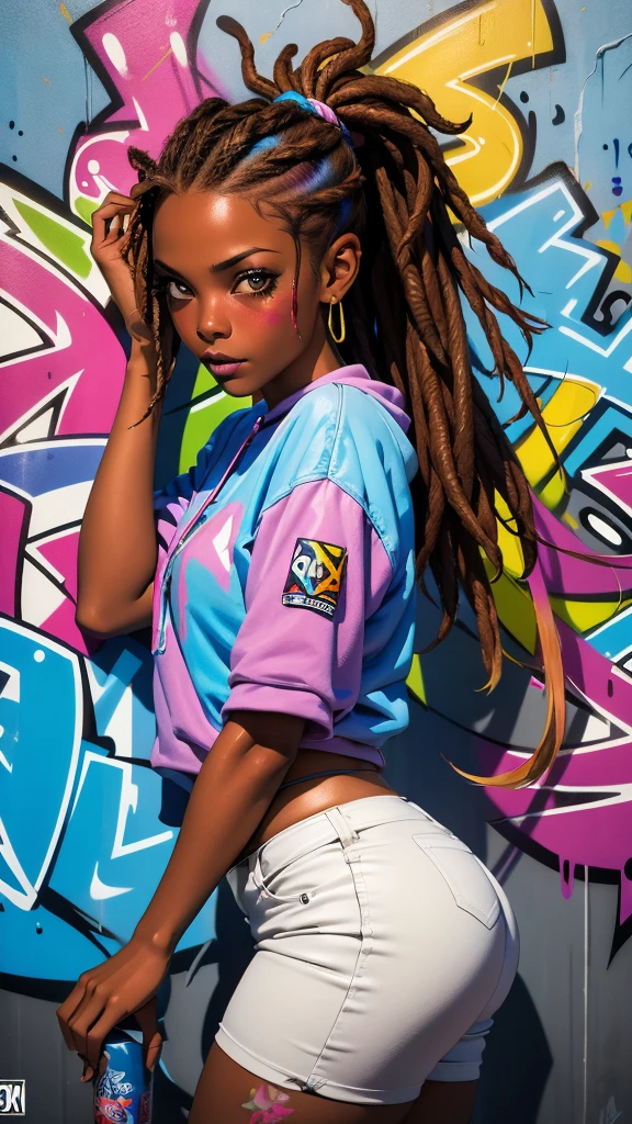 (best quality), (high detail), (vivid colors), (graffiti style), (freestyle), (Close up), (1girl), young sexy female graffiti artist, with dreadlock hairstyle,spraying graffiti on a wall painted with street art, HDR, 8K, 3D, graffiti art style.