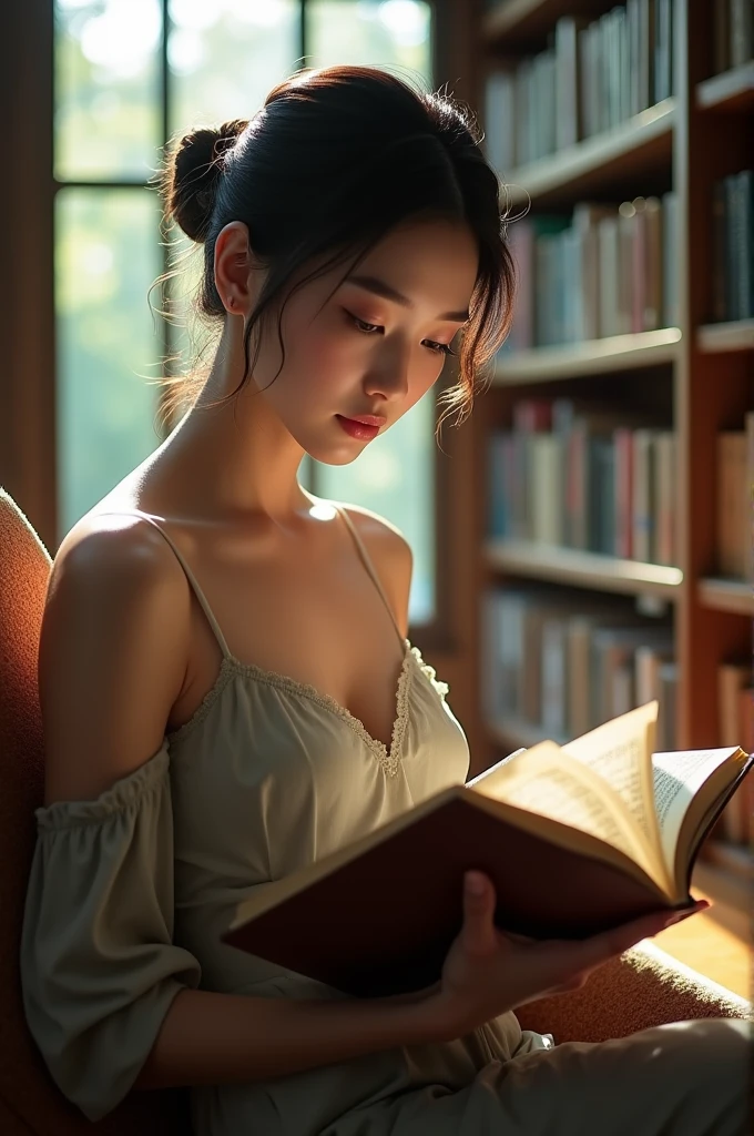 A Japanese woman sitting in a study, wearing a stylish tight top, with a close-up focused on her breasts and the book she is holding, displaying her intellectuality and sensuality.