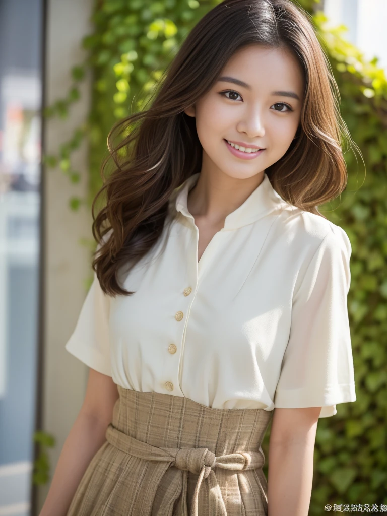 ((Best Quality, 8K, masutepiece :1.3)), Sharp Focus :1.2, Perfect figure beautiful woman:1.4, Slim abs:1.2, ((lightbrown hair, small tit:1.2)), Paisley long-sleeved shirt,(Natural light, the city street:1.1), Highly detailed facial and skin texture,A detailed eye,二重まぶた、Background is a university campus