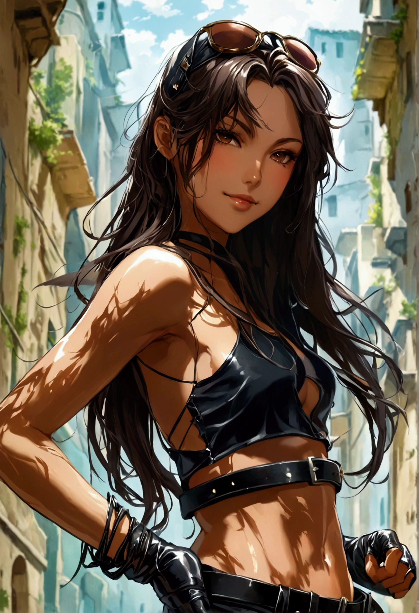 Character reference sheet, Perfect colors, beautiful, illustration, perfect, clear, HD, cheat sheet, detailed clothing, detailed, dynamic, dynamic pose, young strong girl, girl, long dark brown hair, long hair, long hair, very long hair, straight hair, better face, pretty face, more anime, anime, slightly disheveled hair, pale white skin, cap backwards on her head, squinted eyes, black clothes, black pants, pants below the hips, Bodysuit style blouse, revealing clothes, long sleves, shirt, modern clothing, belts, straps, bandages on the hands, dark colors, black clothing, cartoon style, dinamic pose, Fighting pose, boxing pose, Smiling, smile, strong, mafia style clothing, tall, leather belt, Leather gun belt, posing, Extravagant pose, fullbody, 2d rendering, Character concept, Tight clothing, fitted clothing, body-hugging clothing, black clothing only, modern clothes, modern simple cap, fullbody reference, pale skin, very long hair, Correct anatomy, make the face right