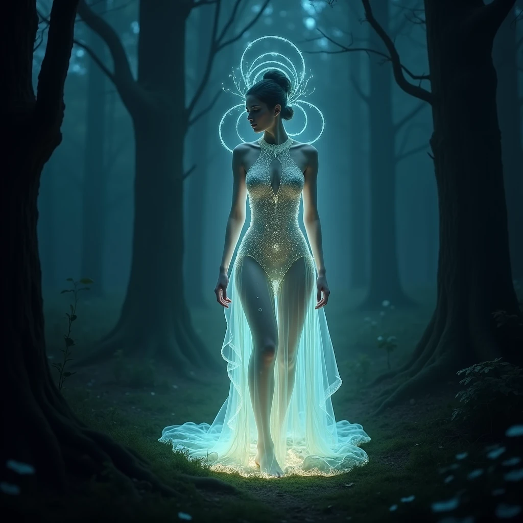 Ultra detailed illustration of a person lost in a magical world of wonders, glowy, translucent, transparent, bioluminescent flora, incredibly detailed, pastel colors, handpainted strokes, visible strokes, oil paint, art by Mschiffer, night, bioluminescence