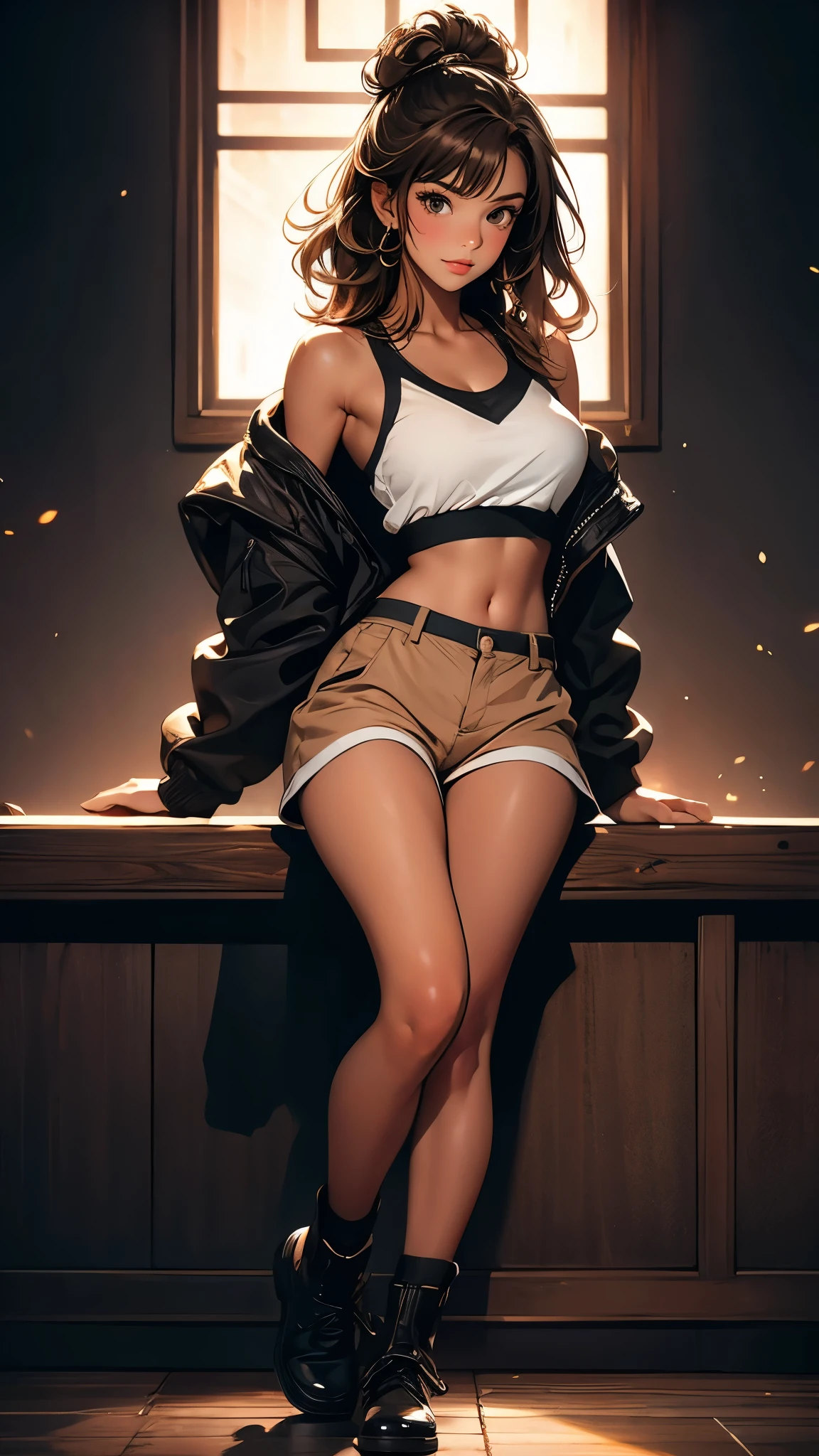 ((Masterpiece)), envision a 8k, highres, cinematic, extremely beautiful semi realistic full body pinup of a beautiful cute girl with a petite slender body, big breasts, strong face, older mature face, brown scene hair, side locks, long sweeping bangs, black eyes, thick eyebrowns, ((dark tan skin)), round face, tank top, bomber jacket, shorts, utility gear, garters, boots, ((((1girl)))), in dark lighting, against a dark gray background