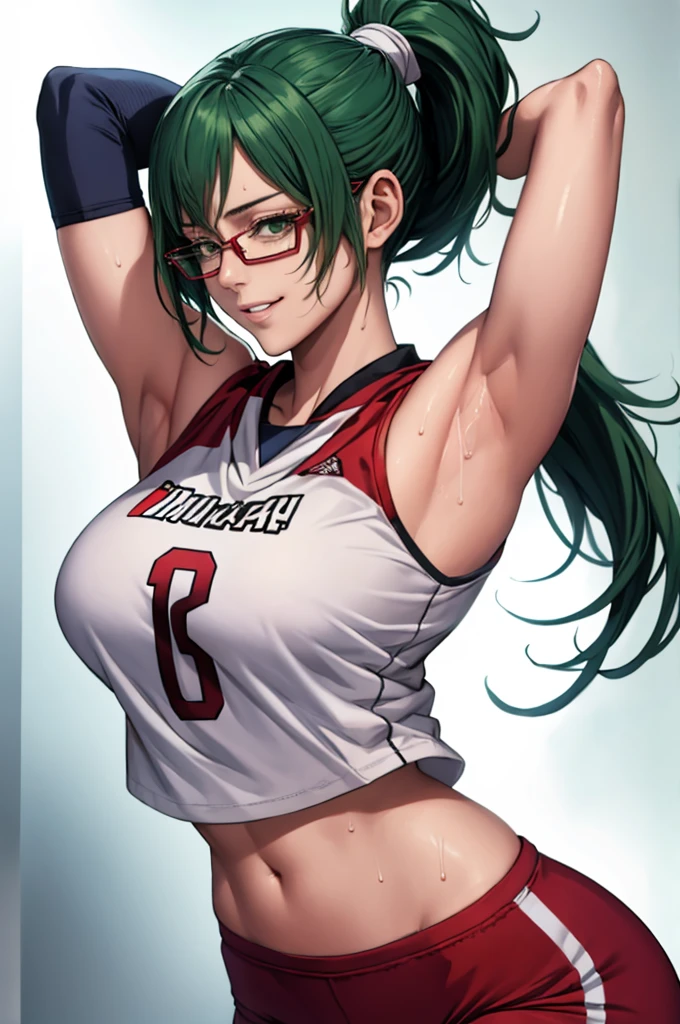 masterpiece, best quality, maki zenin, glasses, volleyball uniform, green hair, ponytail,red pants, looking at viewer, small breasts, upper body, portrait, looking at viewer, parted lips, seductive smile, sweating, arms up, detailed armpits,