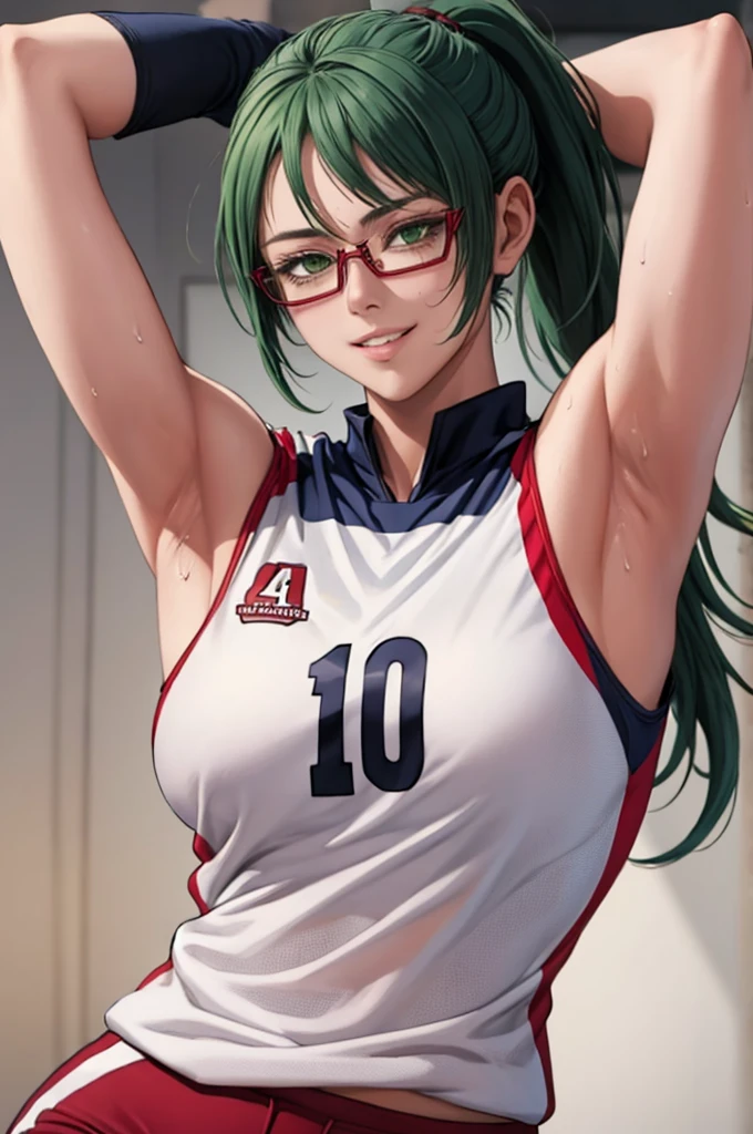 masterpiece, best quality, maki zenin, glasses, volleyball uniform, green hair, ponytail,red pants, looking at viewer, small breasts, upper body, portrait, looking at viewer, parted lips, seductive smile, sweating, arms up, detailed armpits,