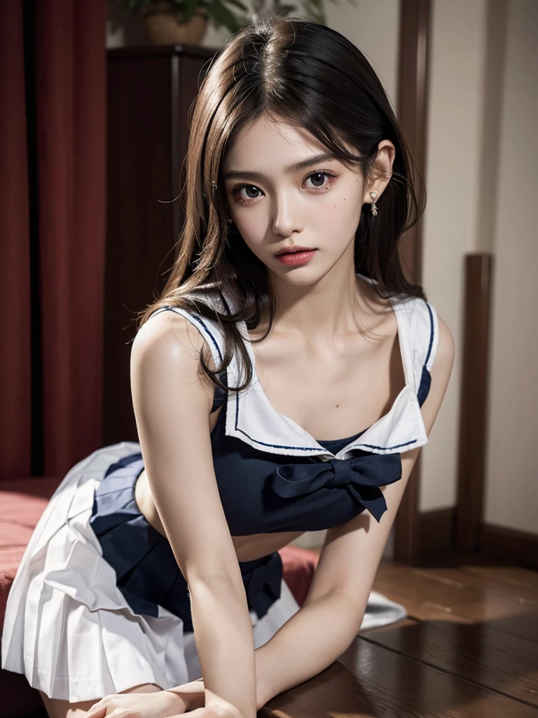 absurdres, RAW photo, extremely delicate and beautiful, masterpiece, Best Quality, ultra high resolution, 32k, hyperrealistic, ultra-detailed, (perfect anatomy:1.2), (anatomically correct:1.2), perfect figure, Perfect Style, Perfect balance, super Detailed skin, in her 20s, very Slim body, narrow waist, very small head, very small face, delicate facial features, handsome detailed woman, very detailed eyes and face, realistic face proportions, Realistic beautiful face, Realistic beautiful eyes, tearful mole, earring, (very huge round breasts), whole body shot, whole legs, medium hair, asymmetrical hair, indoor, pinafore dress, headband hair accessory, maid outfit,