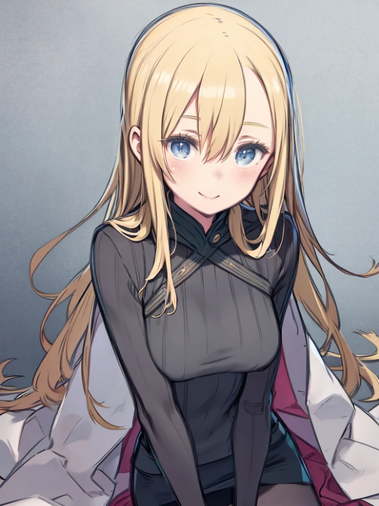 One Woman、Blonde Hair、long hair、Hair between the eyes、blue eyes、Big Breasts、Huge breasts、 (No sleeve_turtleneck_knit:1.5)、Green clothes、Embarrassed、Smiling、