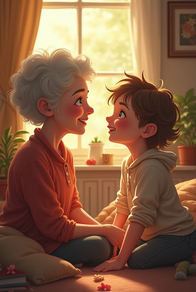 Illustration for children of a 50-year-old woman with a white pixie cut lovingly hugging her 6-year-old grandson with a shaved dark brown hair.
