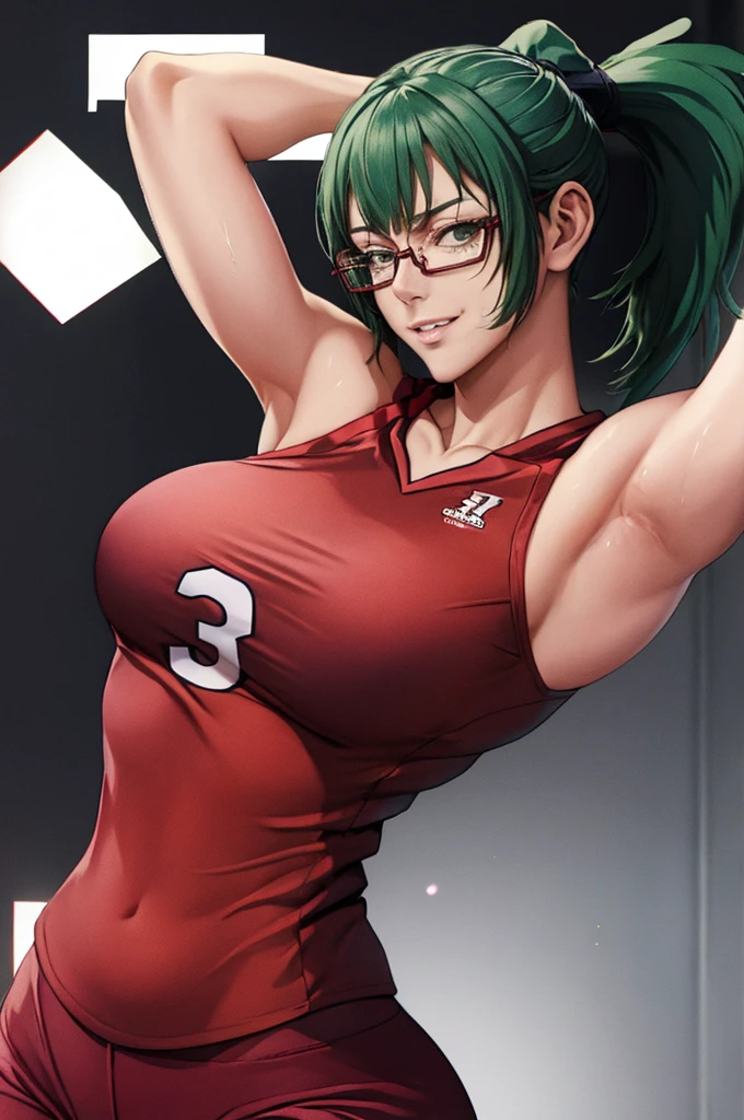 masterpiece, best quality, maki zenin, glasses, volleyball uniform, green hair, ponytail,red pants, looking at viewer, small breasts, upper body, portrait, looking at viewer, parted lips, seductive smile, sweating, arms up, detailed armpits,