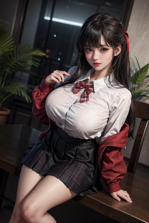 masuter piece, best qualtiy, (((realisitic, Photorealsitic:1.37))), ((独奏)), 8K image quality, Extremely delicate and beautiful, splendid, Official art with attention to detail, Ridiculous, Unbelievably ridiculous, huge filesize, ultra-detailliert, ighly detailed, (Petite and cute girl), (detailed girl), extremely detailed eye and face, Beautiful detailed eyes, Light makeup,, (Perfect female figure), (The beauty of the Japan), ((fullllbody)), ((Put the head in the frame)), A dark-haired, With bangs, (Cute little glasses), ((Pupils)), ((Dark red blazer on uniform), ((Miniskirt with tartan check)), (Seats next to the classroom),