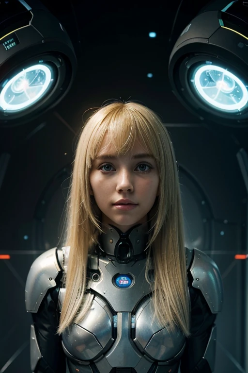 close up oil painting of a albino young girl, pale skin, petite body, white hair, long hair, glowing blue eyes, 1girl, wearing a red robotic suit, in a futuristic space ship, highlighting metallic textures High-tech laboratory, sleek surfaces, futuristic Modern sci-fi with intricate details, Low saturation color photography, top light, masterful painting in the style of Anders Zorn | Marco Mazzoni | Yuri Ivanovich, Todd McFarlane, Aleksi Briclot, oil on canvas