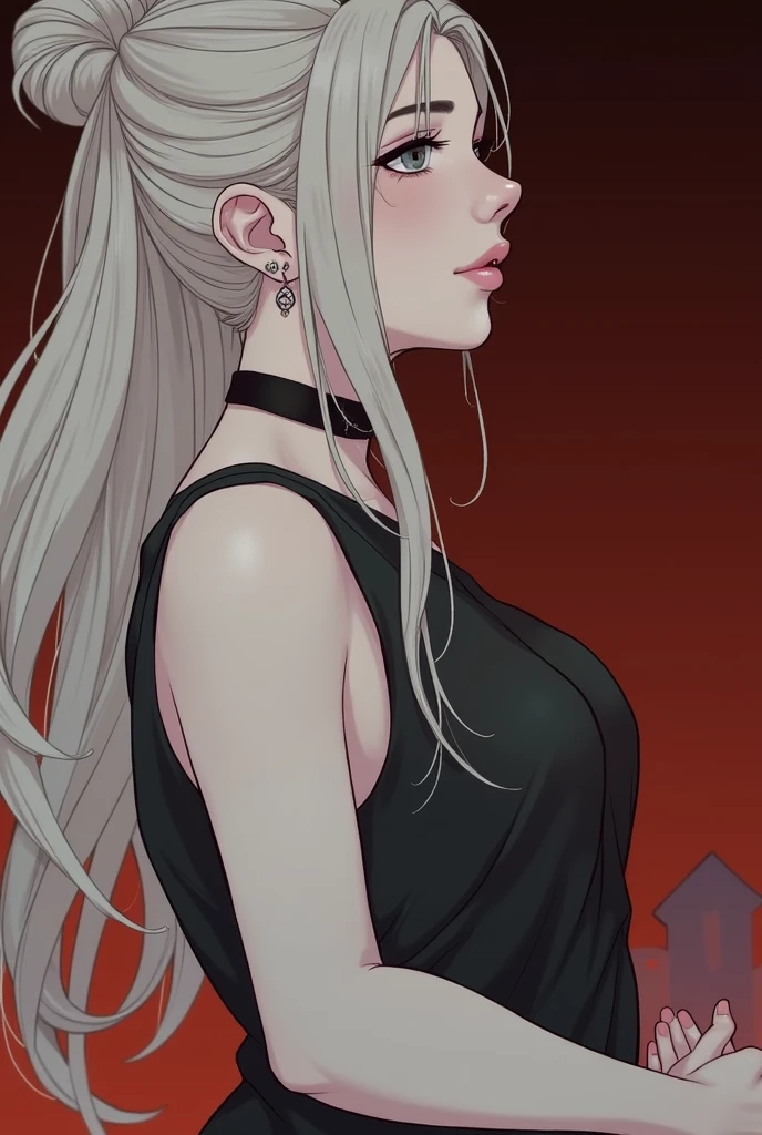 sam yang,
1girl, backlighting, bare shoulders, black choker, blurry, blurry background, blush, breasts, choker, cleavage, closed mouth, collarbone, earrings, forehead, freckles, hair over shoulder, jewelry, long hair, looking down, pointy nose, red lips, shadow, solo, thick eyebrows, thick eyelashes, upper body, white hair
, ((masterpiece))
<lora:sam_yang_offset:1>