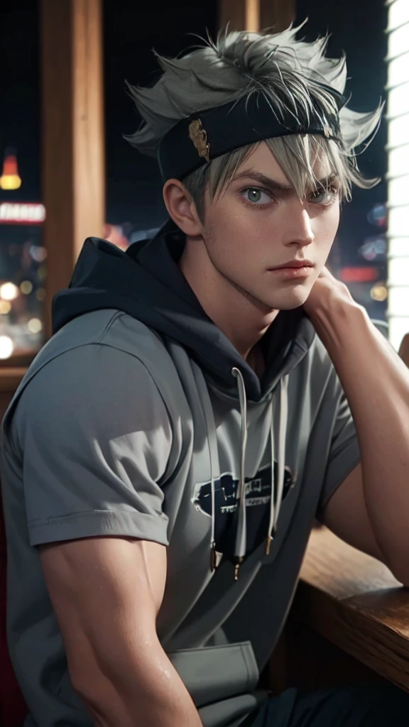 artwork, best quality, high quality, 1 boy, solo, male focus, looking at viewer, asta upper body, green eyes, headband, gray hair, spiky hair, artwork, very realistic, not entered smart, tall, very detailed, HDR, masterpiece, very detailed face and eyes, solo, guy, handsome, sturdy body, tall, handsome face, still youthful like a Korean artist, Berekspresi data, big and muscular body, tall, sitting on a cafe, tall, strong and handsome, wearing a blue hoodie, modern times, at night, Upper body only, close to the audience, His face is stern 