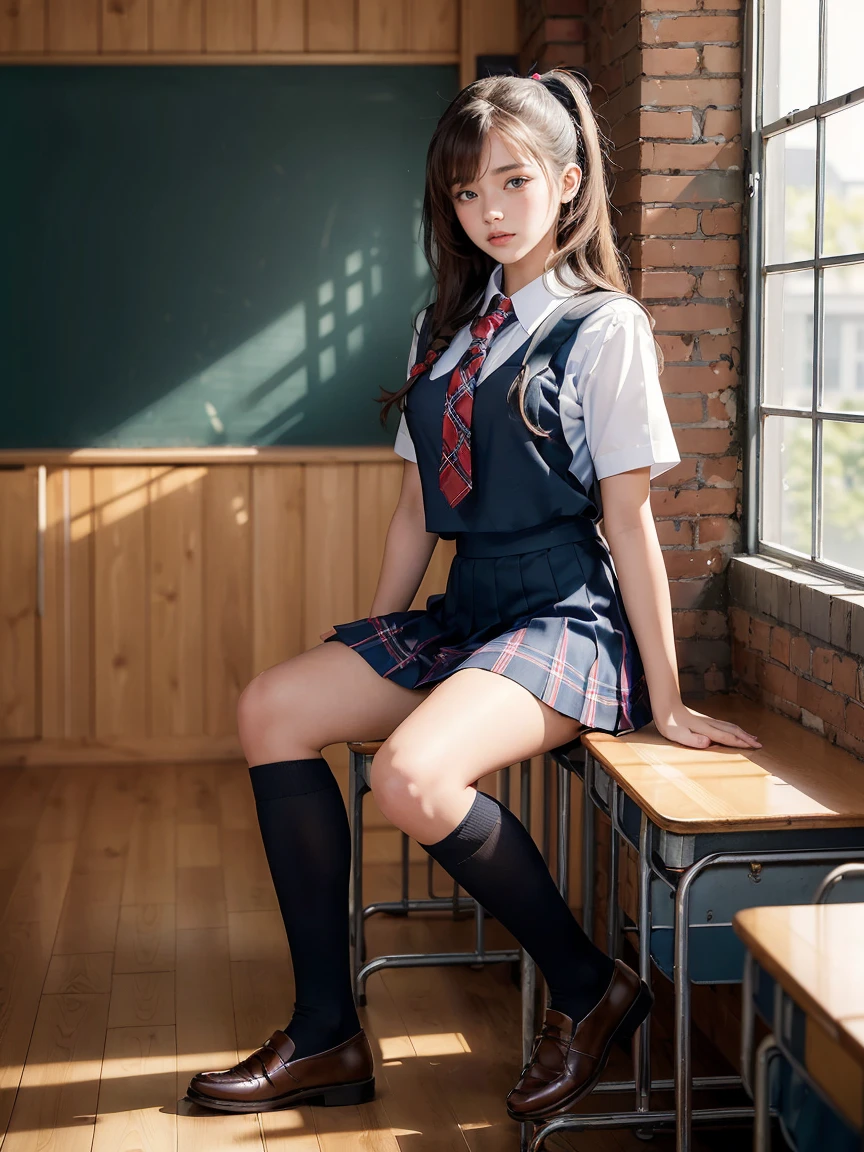 (Masterpiece, Best Quality, the most important work:1.5), (stunning school girl:1.5), the most beautiful school girl in the world, full body, highly detailed beautiful face and eyes, loving look, school tie, knee length pleated skirt, tartan check skirt, school knee-high socks, loafers, perfect anatomy, school